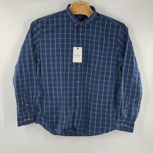 NWT UNTUCKIT Men's Classic Cotton Corison Shirt Button Down Plaid‎ Navy Blue 3XL